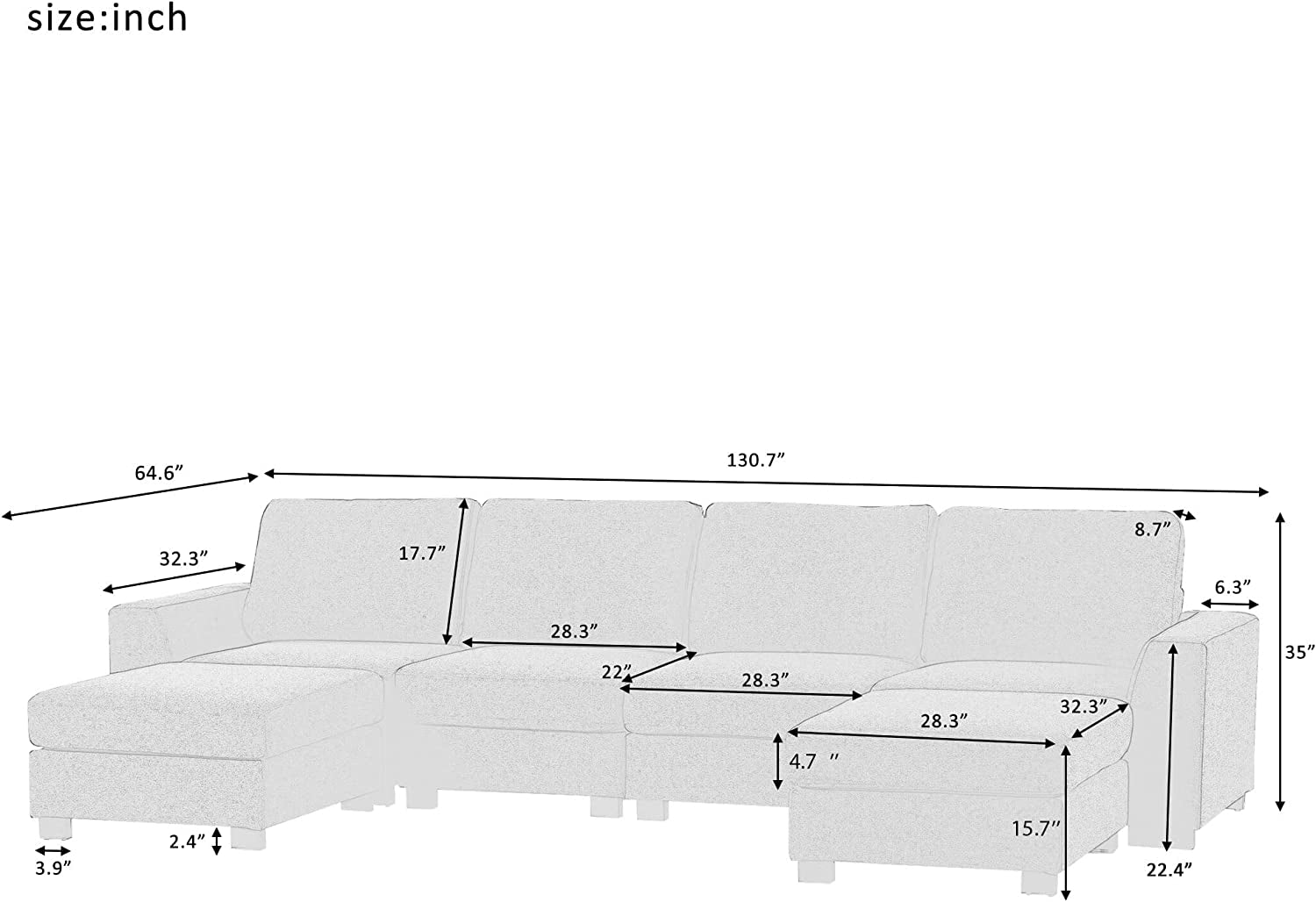"Modern and Versatile 131" U-Shape Sectional Sofa Set with Ottoman and Stylish Wide Arms - Elegant Gray Finish!"